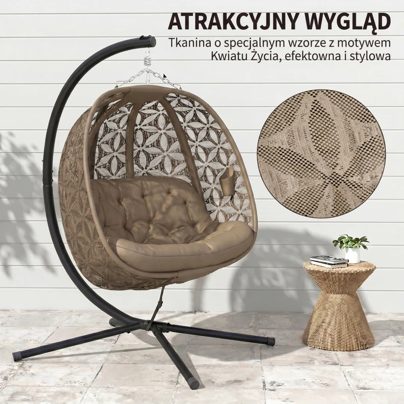 Outsunny Wiszący Fotel z Koszem dla 2 Osób, Składany z Grubą Poduszką, Uchwytami na Napoje i Pasem Bezpieczeństwa