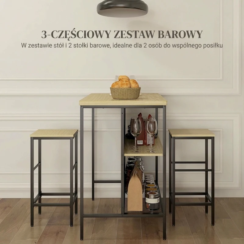 HOMCOM Zestaw barowy, 2 barstoliki i 1 stół barowy, odporny na plamy, stabilny, rama stalowa, Czarny/Dąb