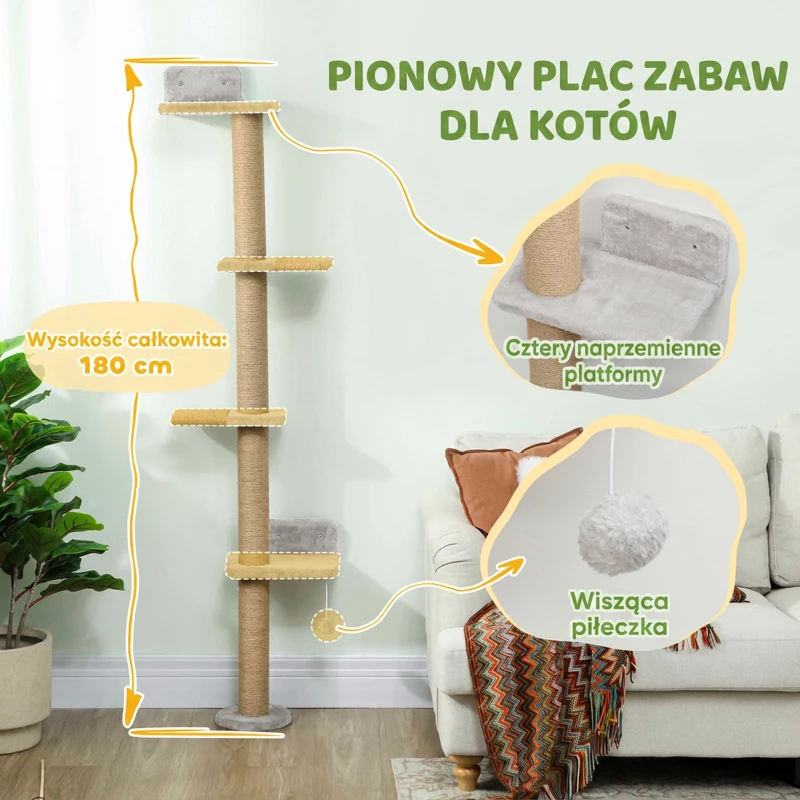 PawHut Drapak dla kota, 5-poziomowy design, zabawka, słup sizalowy, materiał pluszowy, jasnoszary