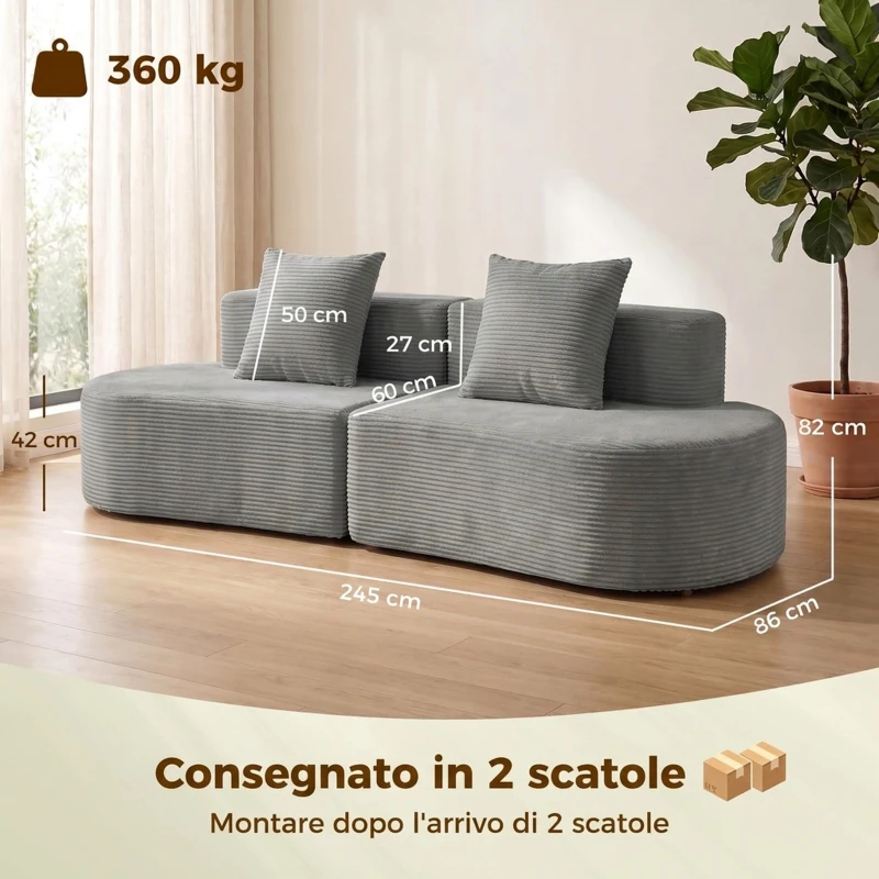 HOMCOM Divano 3 Posti Modulare, Seduta Ampia e Profonda, con Molle Insacchettate, in Velluto a Coste, Grigio Chiaro