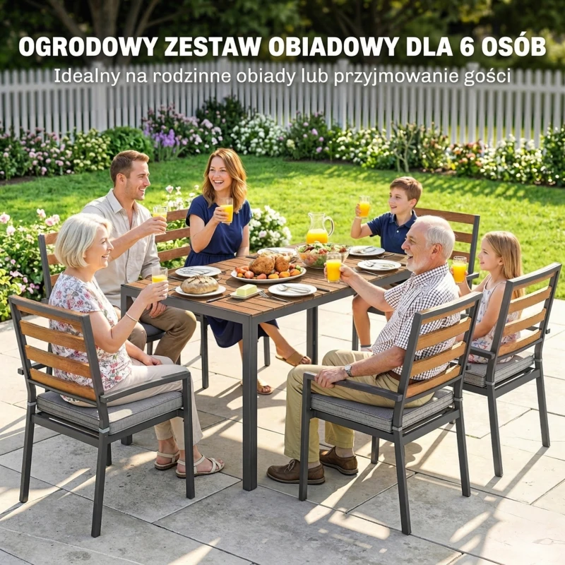 Outsunny 7-częściowy zestaw mebli ogrodowych, zestaw jadalniany z 1 stołem, 6 krzesłami, poduszkami, na taras, imitacja drewna