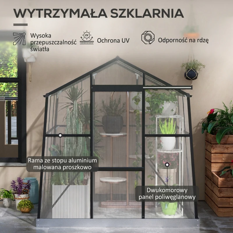 Outsunny Szklarnia Poliwęglanowa, Odporna na Warunki Pogodowe, 192 x 192 x 203 cm, Czarna