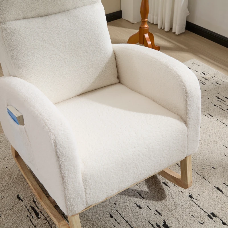 Fauteuil à bascule d’allaitement, dossier haut ergonomique, base incurvée en bois massif, poche latérale, 75x63x104 cm, Blanc