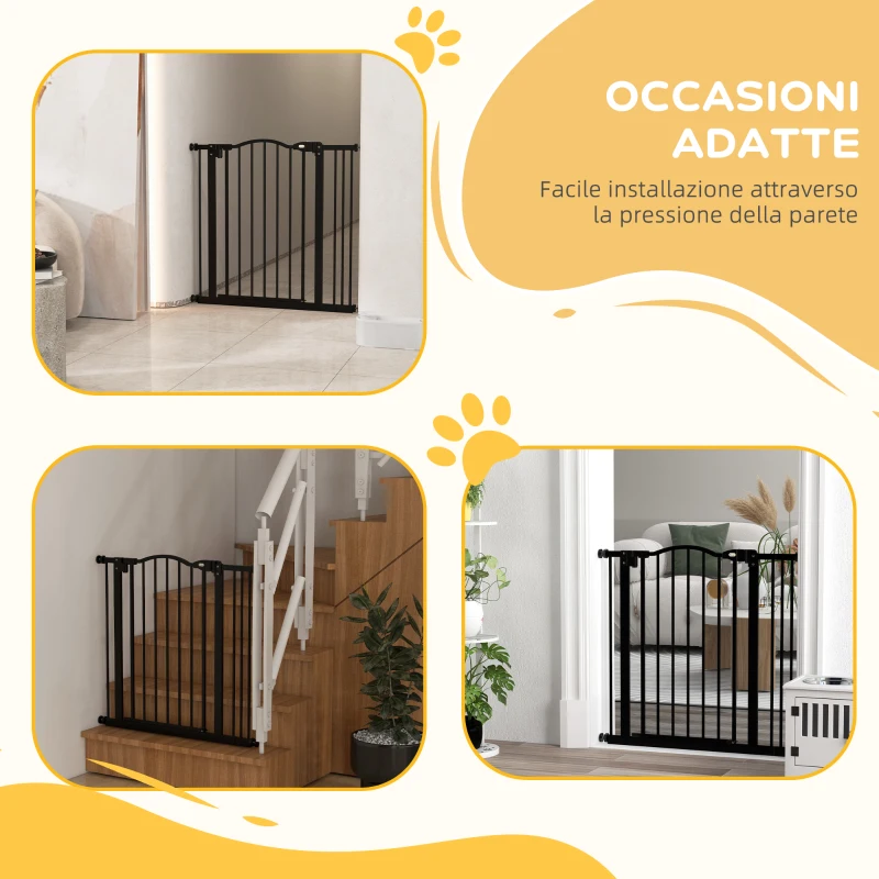 PawHut Cancelletto per Cani Estensibile con 2 Blocchi e Chiusura Automatica, in Metallo e Plastica, 74-87x78 cm, Nero