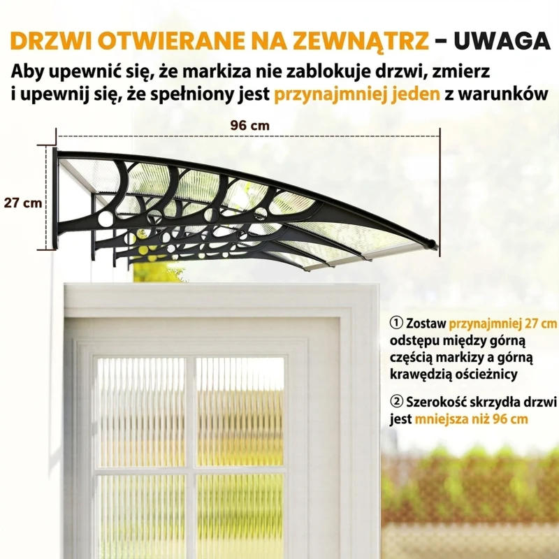 Outsunny Zadaszenie drzwiowe/okienne, odporne na warunki atmosferyczne, transparentne, aluminiowe wsporniki/poliwęglan, 303 x 96 x 27 cm, czarne
