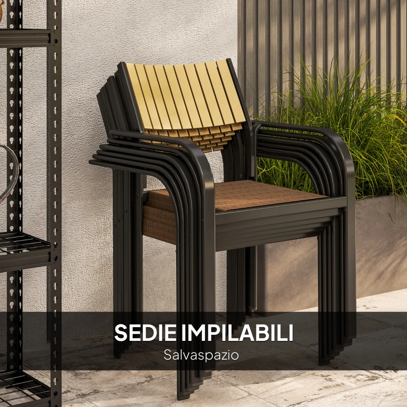 Outsunny Set Tavolo da Giardino Allungabile con 6 Sedie da Esterno Impilabili, Acciaio e Textilene, Marrone