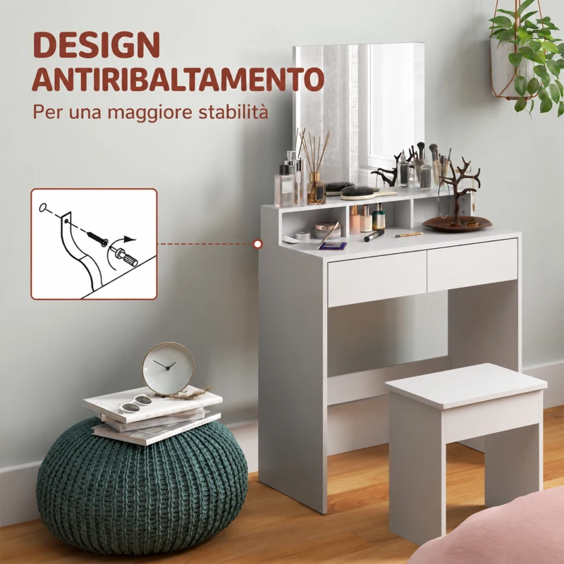 HOMCOM Tavolo da Trucco con Specchio, 3 Ripiani, 2 Cassetti e Sgabello, in Legno, 75x38x135 cm, Bianco