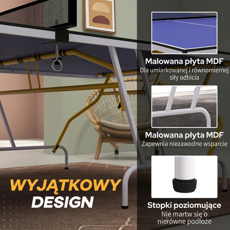 SPORTNOW Stół do tenisa stołowego, składany, w zestawie 2 rakietki, 3 piłeczki, siatka, do wnętrz, metalowa konstrukcja, 274x152x76 cm, niebieski