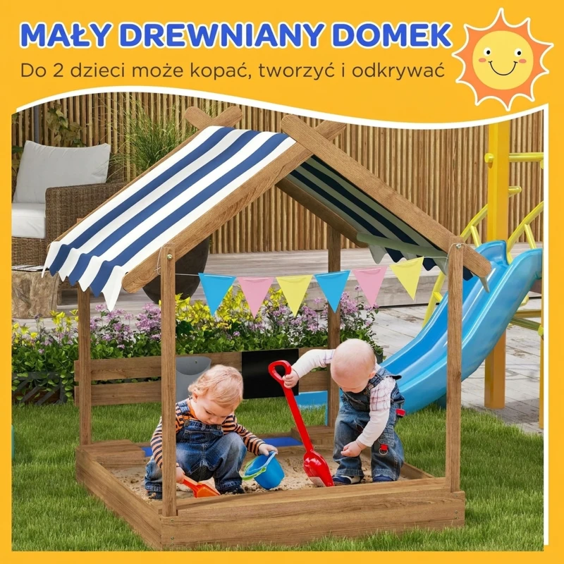 Outsunny Piaskownica z Dachem, Design Domku Zabawowego, z Zestawem Zabawek, Drewno świerkowe, 124x116x146cm, Brązowy