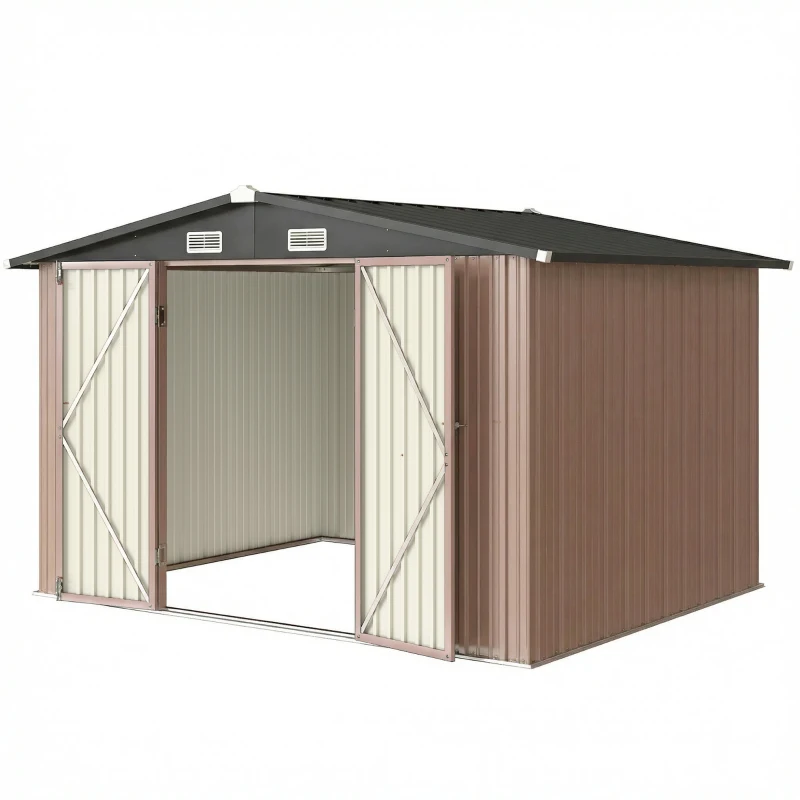 Outsunny Capanno in Metallo 305 x 245 cm, Robusto Capanno da Giardino con 4 Prese d'Aria e Porte Doppie con Serratura, Marrone