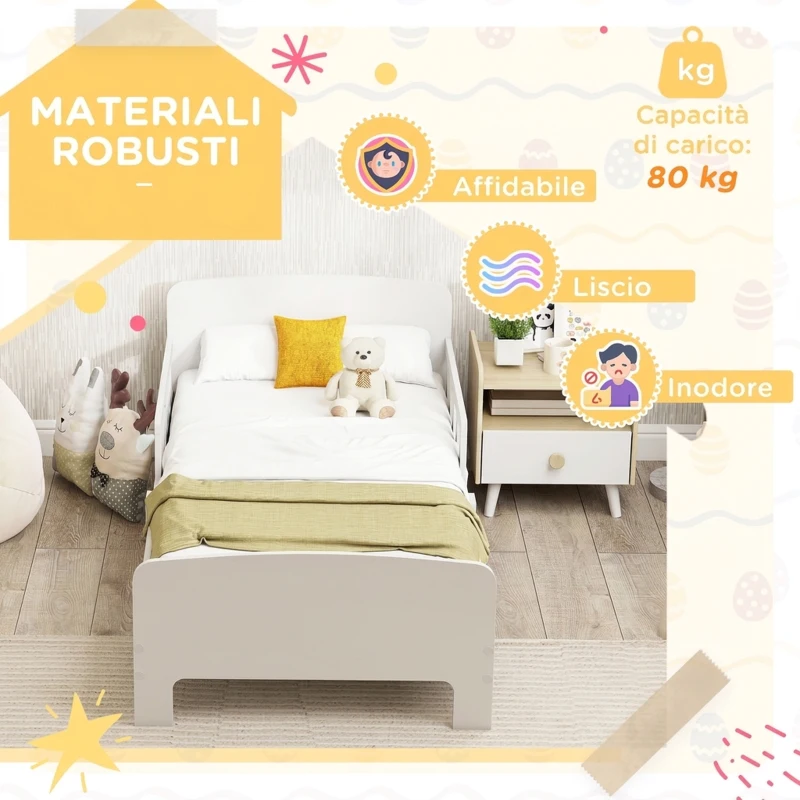 AIYAPLAY Letto per Bambini 3-8 Anni Basso con Sponde Laterali e Bordi Lisci, in Legno, 143.5x74.2x54 cm, Bianco