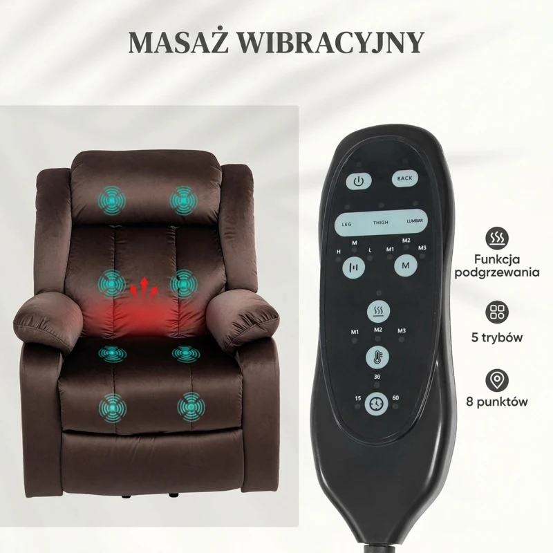 HOMCOM Fotel z funkcją pomocy przy wstawaniu, masażu i podgrzewania lędźwi, Fotel relaksacyjny z pilotami i bocznymi kieszeniami, Brązowy
