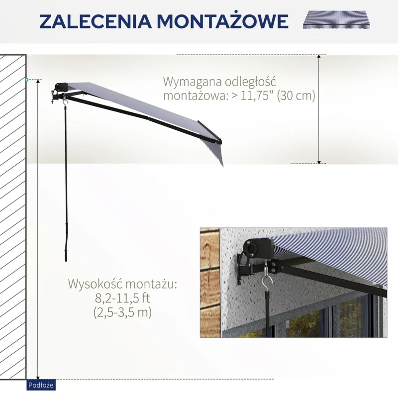 Outsunny Markiza przeciwsłoneczna Markiza Tarasowa, w tym Korba Ręczna, odporna na warunki atmosferyczne, 247 cm x 295 cm, Niebieski + Biały