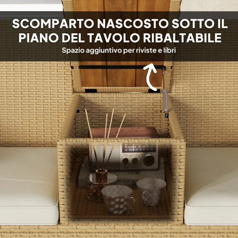 Outsunny Panca da Giardino con Tavolino a Ribalta Portaoggetti, in Rattan e Acciaio, 134x58x82 cm, Crema e Cachi