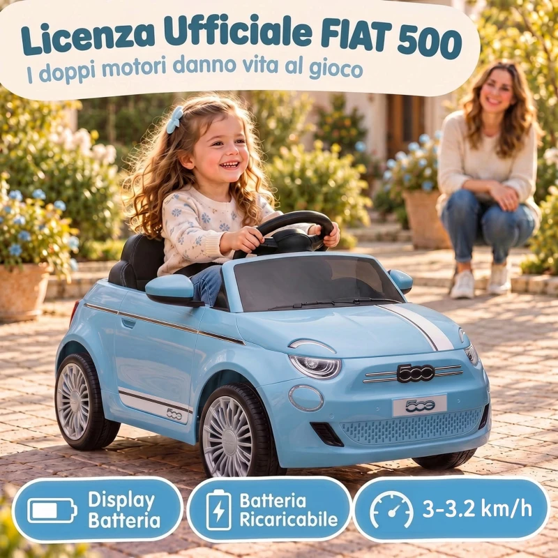 AIYAPLAY Macchina Elettrica per Bambini 12V Fiat 500, Batteria al Litio, 2 Motori, Telecomando, 3-6 Anni, Blu