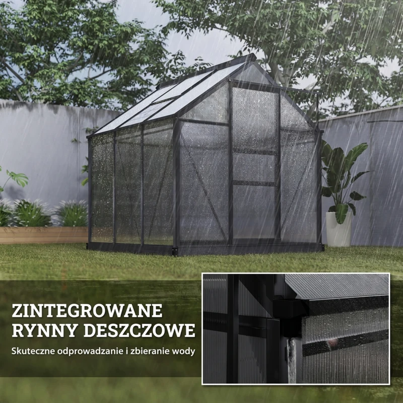 Outsunny Szklarnia Aluminium 3,65m² 190x192x201cm z Fundamentem, Otwieranym Dachem, Drzwiami Przesuwnymi, Panele 4 mm, UV-Ochrona