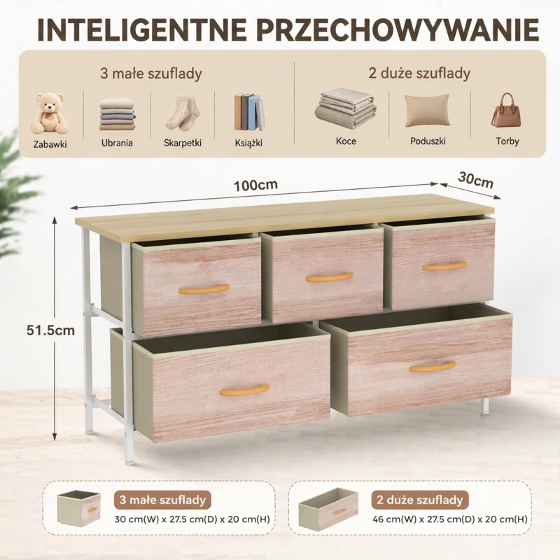 HOMCOM Komoda z 5 szufladami, tkaninowa szafka z metalową ramą i drewnianym blatem, naturalne drewno i biały