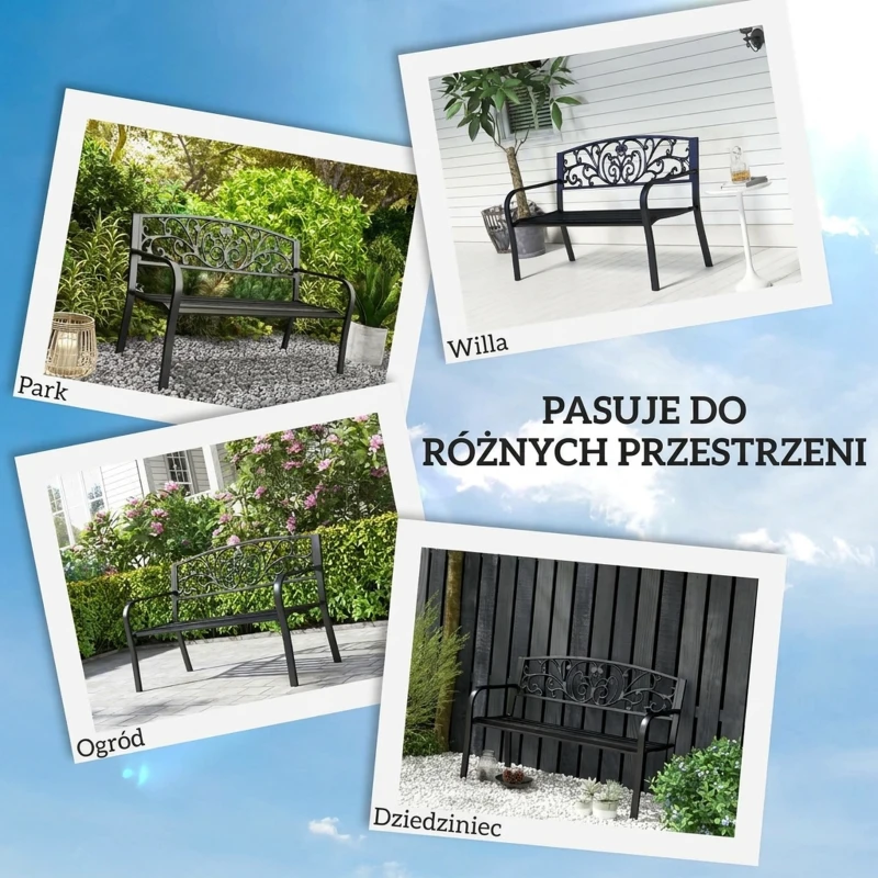 Outsunny Ławka Ogrodowa Metalowa z Wzornictwem Kwiatowym, 2-osobowa, Nośność 240 kg, Stal, 127D x 60S x 87W cm, Czarny