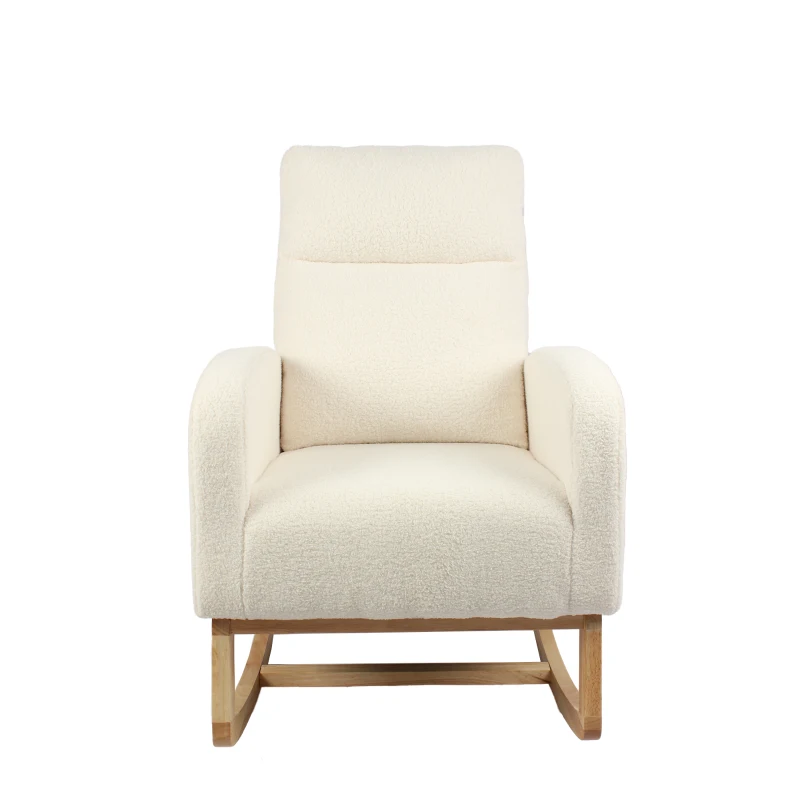 Fauteuil à bascule d’allaitement, dossier haut ergonomique, base incurvée en bois massif, poche latérale, 75x63x104 cm, Blanc