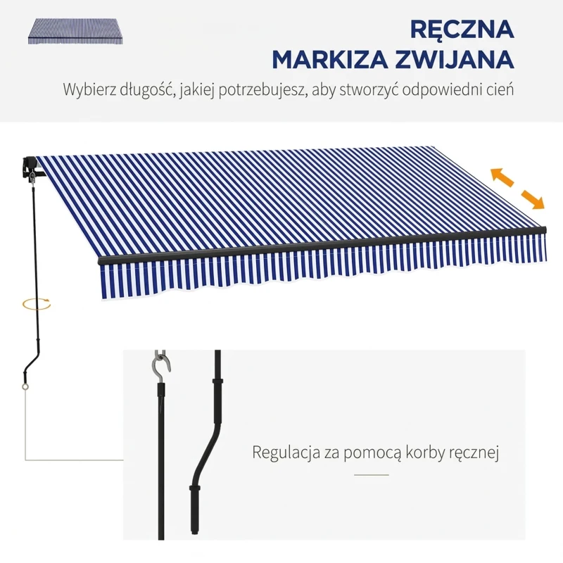 Outsunny Markiza przeciwsłoneczna Markiza Tarasowa, w tym Korba Ręczna, odporna na warunki atmosferyczne, 247 cm x 295 cm, Niebieski + Biały