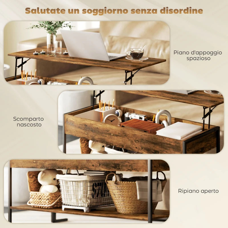 HOMCOM Tavolino da Caffè Sollevabile con Vano Nascosto e Ripiano Inferiore in Stile Industriale, Marrone