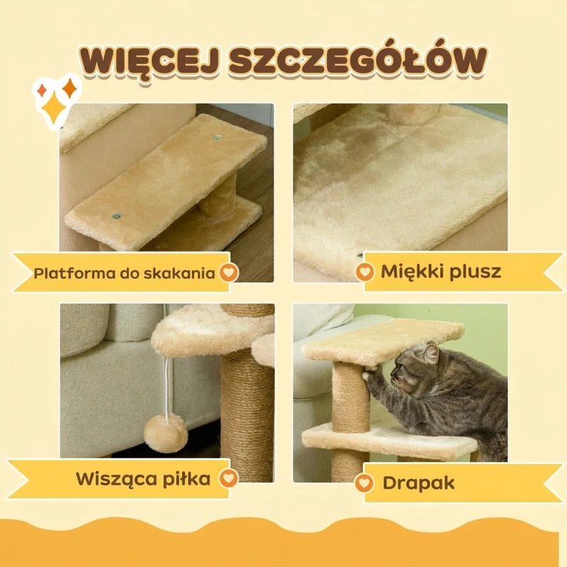 PawHut Schodkowa dla Zwierząt, Drapak, 4 Stopnie, Zabawka Kulista, Kryjówka, regulowany w wysokości, 60 x 40 x 66 cm, Beżowy