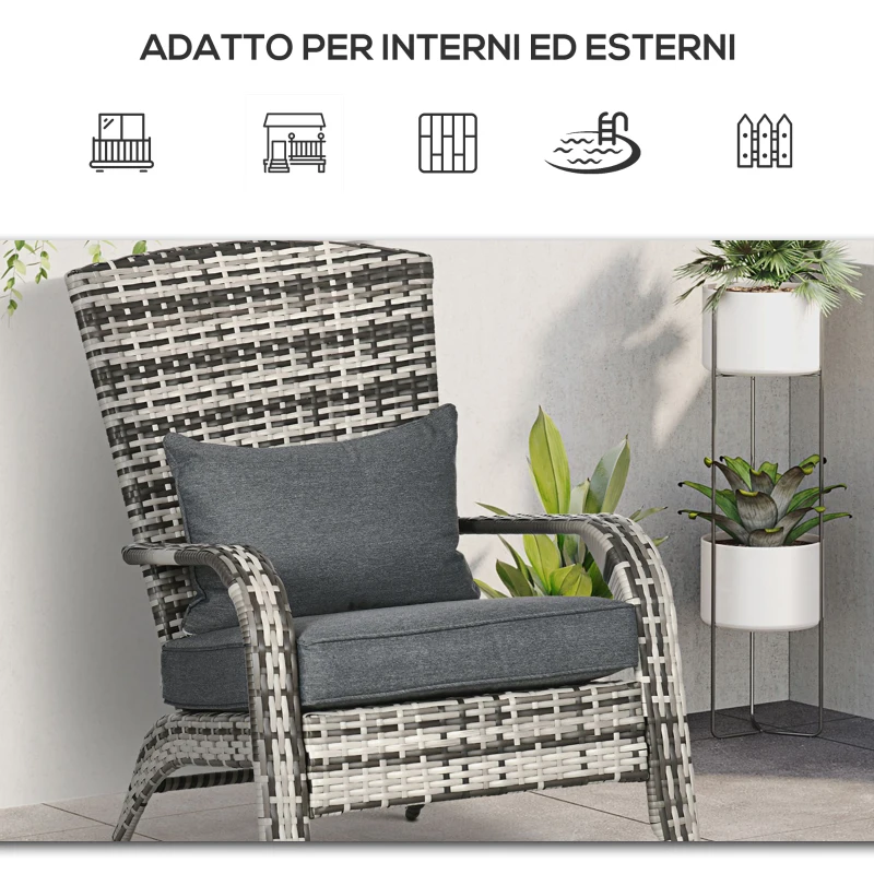 Outsunny Sedia da Giardino Adironrack con Braccioli, in Rattan e Acciaio, 64x80x90 cm, Grigio