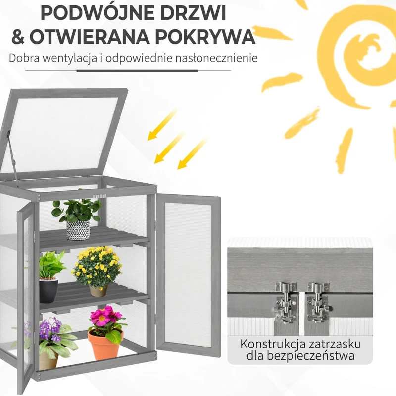 Outsunny 3 Poziomy Szklarnia Tunelowa Na Rośliny Warzywa Teł Gastronomiczny z Dwiema Drzwiami z Drewna i Poliwęglanu Odporny na Warunki Atmosferyczne Nośność do 15 kg (na półkę) 58 x 44 x 78 cm