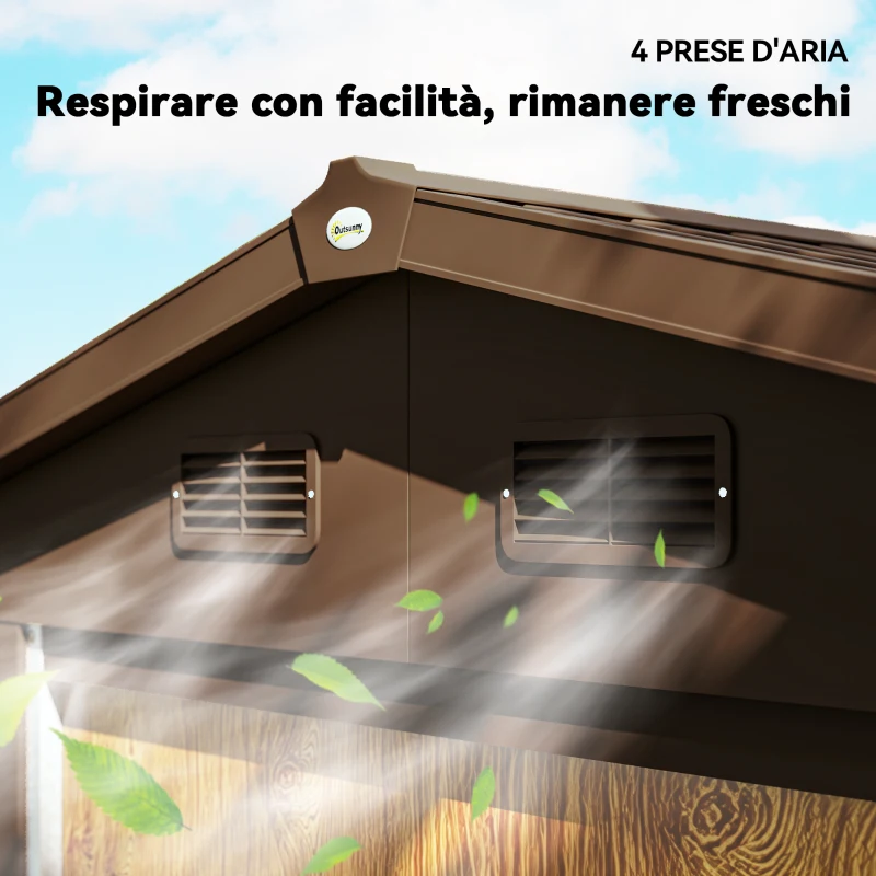 Outsunny Casetta da Giardino Porta Attrezzi con Porte Scorrevoli e Pareti Effetto Legno, 2.3x1.5x2 m, Marrone
