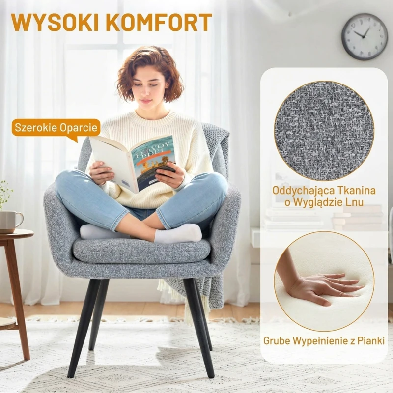 HOMCOM Nowoczesny fotel akcentowy, fotel tapicerowany z metalowymi nogami, imitacja lnu, jasnoszary