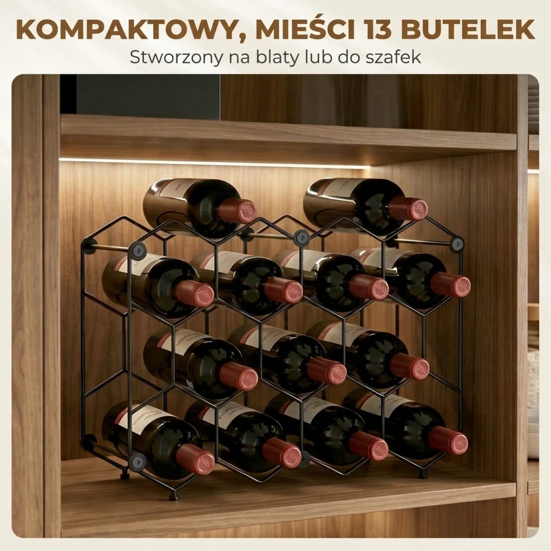 HOMCOM Stojak na wino na 13 butelek z metalową konstrukcją i wzorem plastra miodu, regulowane nóżki, zabezpieczenie przed przewróceniem, czarny, 43 x 15,5 x 31 cm