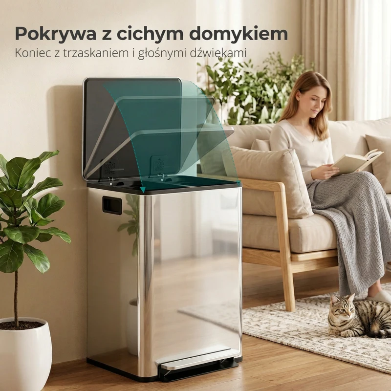 HOMCOM Kosz na śmieci z 2x30L komorami, pokrywą soft-close, odporny na odciski, stal nierdzewna, srebrny