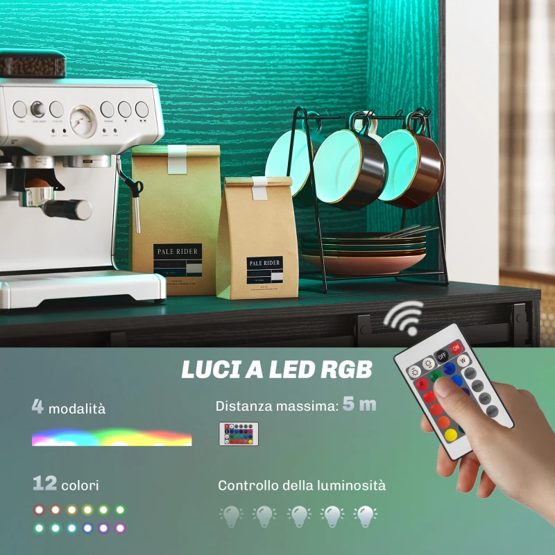 HOMCOM Credenza da Cucina Alta Stile Rustico con 2 Armadietti, Portabottiglie, Prese di Ricarica e Luci LED, Nero