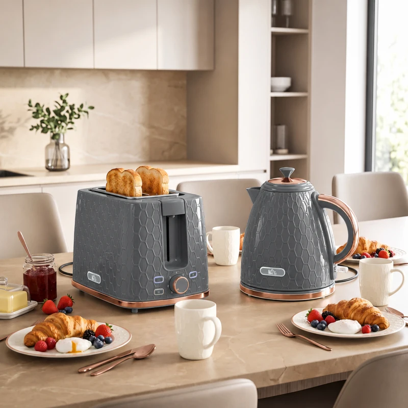 HOMCOM 1.7L 3000W Fast Boil Kettle & 2 Slice Toaster Set, Kettle and Toaster Set with Auto Shut Off, Browning Controls, Grey