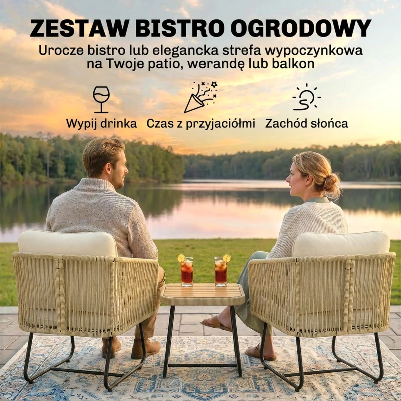 Outsunny Rattanowy zestaw bistro 3-częściowy FSC Zestaw mebli ogrodowych z 2 fotelami, stolik z drewna akacjowego, grube, zmywalne poduszki, stalowa rama