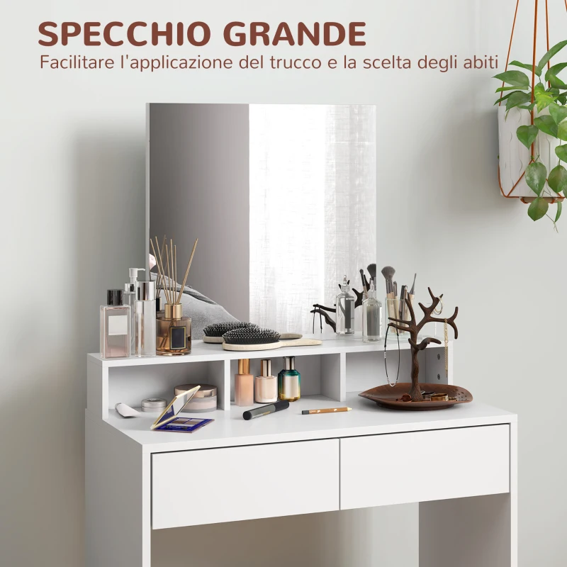 HOMCOM Tavolo da Trucco con Specchio, 3 Ripiani, 2 Cassetti e Sgabello, in Legno, 75x38x135 cm, Bianco