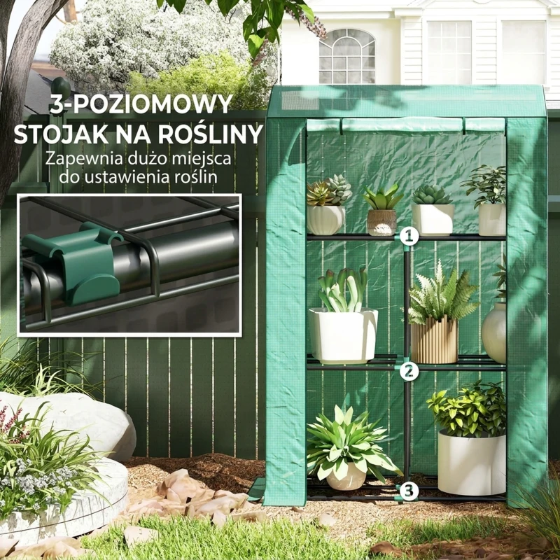Szklarnia z półkami, rolowane drzwi, stalowa, zimowa
