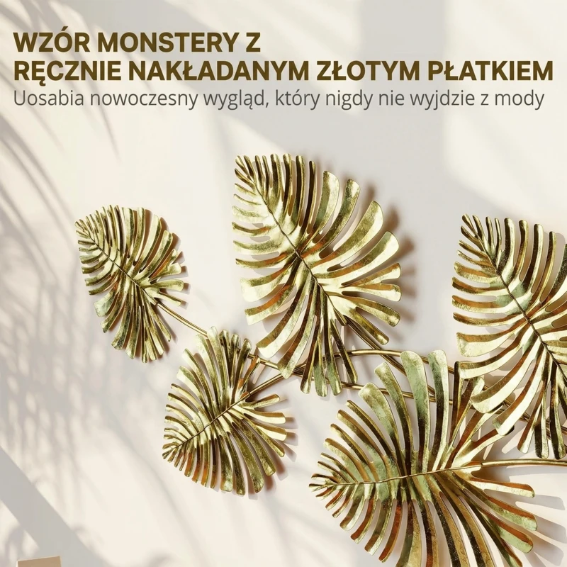 HOMCOM Dekoracja Ścienna Obraz Monstera Dekoracja Metalowa Rzeźba ze Złotą Folą Nowoczesna Sztuka do Salonu na Ścianę do Sypialni