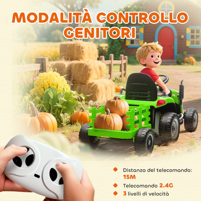 AIYAPLAY Trattore Elettrico per Bambini con Rimorchio Staccabile e Telecomando, in Plastica e Metallo, 139x58x55 cm, Verde