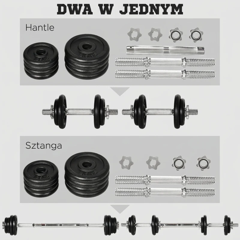 HOMCOM 2 w 1 zestaw hantli regulowany zestaw hantli 20 kg hantle i sztanga z rurką łączącą Profesjonalny trening siłowy i podnoszenie ciężarów do fitnessu domowego