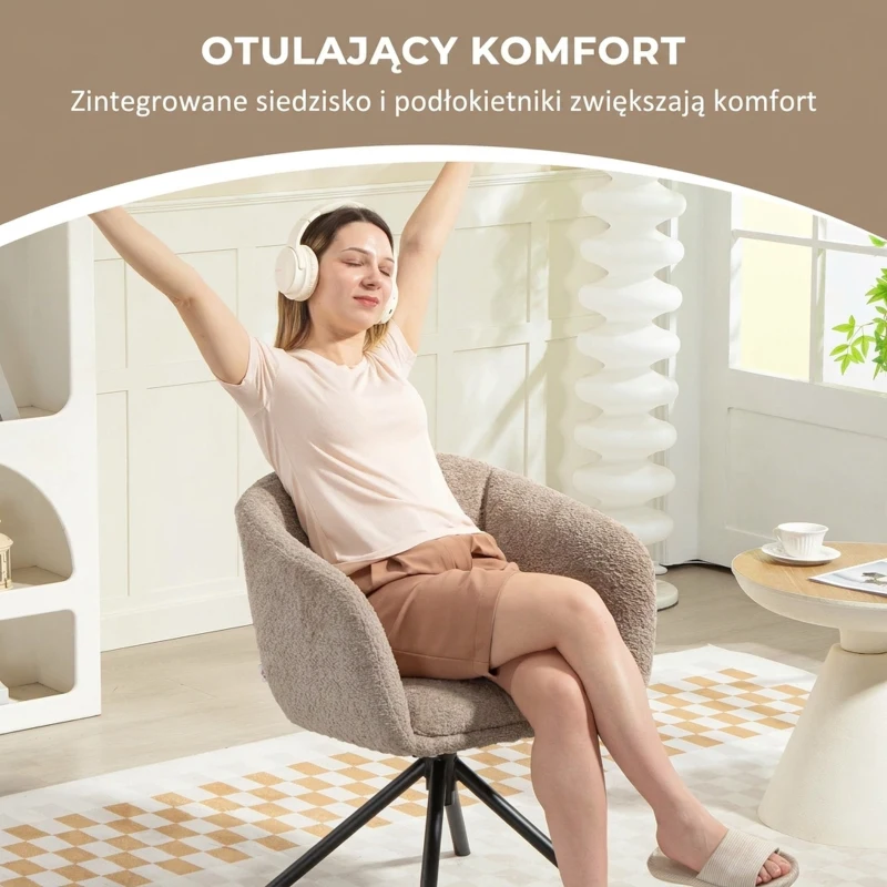 HOMCOM Fotel, wygodne krzesło z muszlą siedziskową, obrotowe, przytulny pokrowiec, do 120 kg, Jasnobrązowy