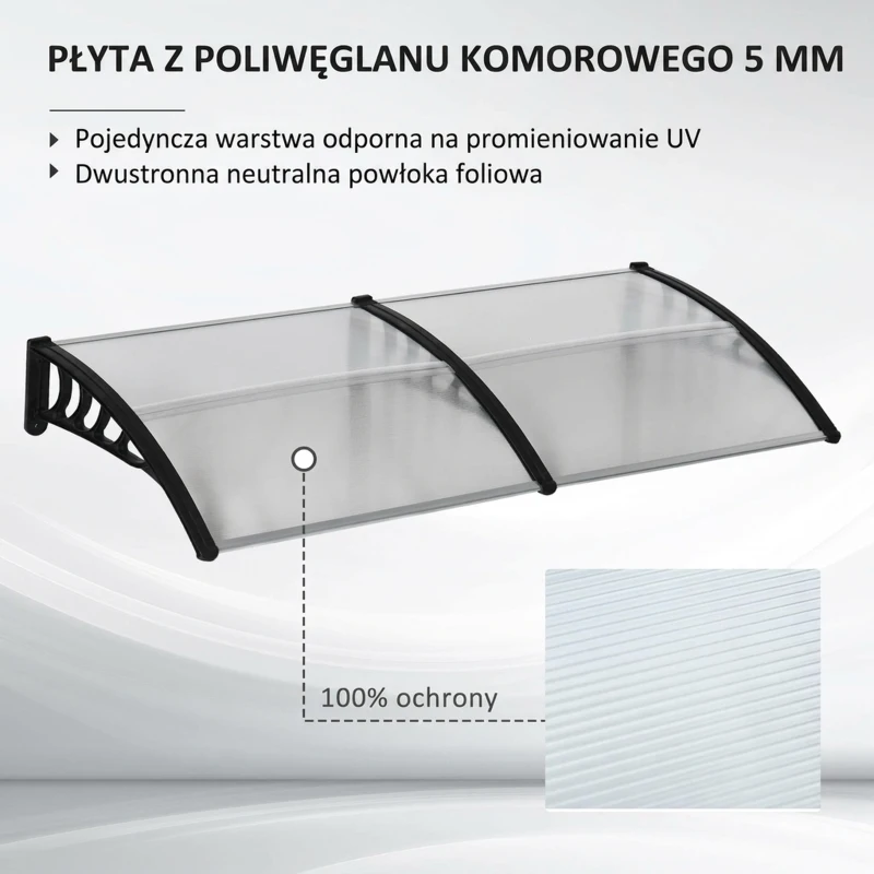 Outsunny Zadaszenie drzwiowe, ochrona przed deszczem, wiatrem i gradem, poliwęglan, aluminiowe wsporniki, 200 x 96 x 27 cm, czarne