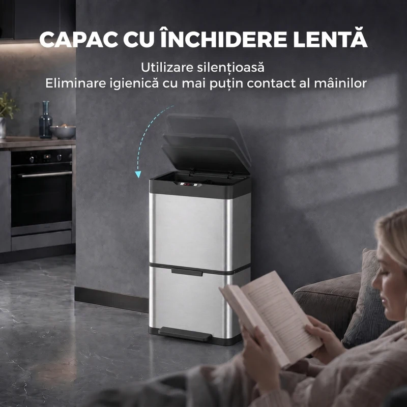 HOMCOM Coș de Gunoi Automat cu Senzor pentru Colectare Selectivă, 3 Compartimente (2 x 12,5 L + 15 L), din Oțel Inoxidabil, Găleți Detașabile