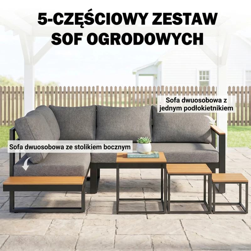 Outsunny Zestaw mebli ogrodowych 5-częściowy, zestaw mebli ogrodowych z narożnikiem, dwuosobową sofą, stolikiem kawowym, zestaw mebli balkonowych z poduszkami, zestaw wypoczynkowy, szary