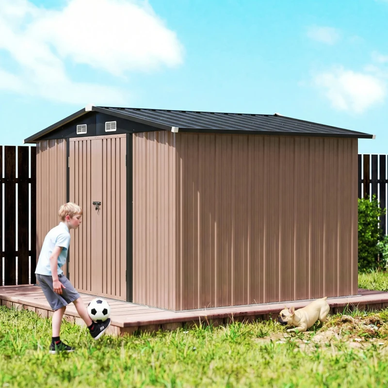 Outsunny Capanno in Metallo 305 x 245 cm, Robusto Capanno da Giardino con 4 Prese d'Aria e Porte Doppie con Serratura, Marrone