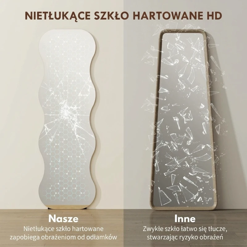 HOMCOM Pełnowymiarowe lustro bez ramy, podstawa drewniana, elastycznie umieszczalne, faliste, czarne