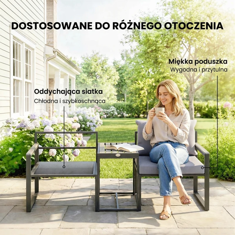 Outsunny 3-częściowy zestaw mebli balkonowych: 2 fotele ze stolikiem, zdejmowane poduszki na siedzisko i oparcie, oddychające pokrowce, szary