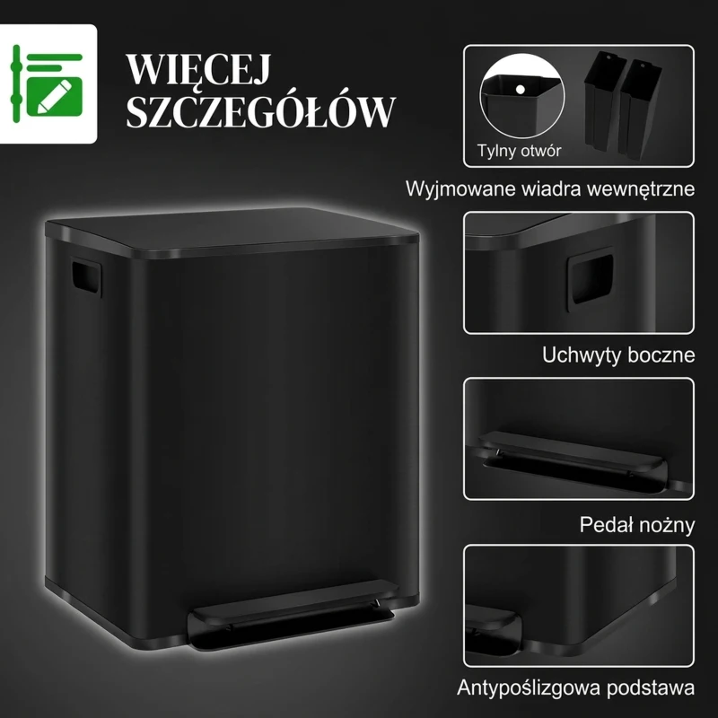 HOMCOM Kosz na śmieci 2 x 25L, pedał, stal nierdzewna, z pokrywą