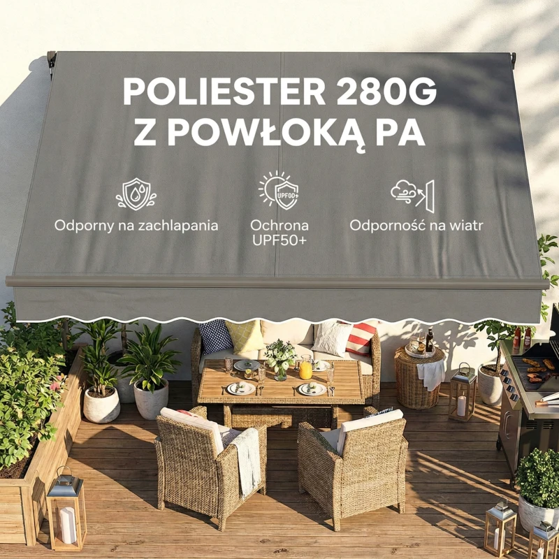 Outsunny Markiza Balkonowa 350 x 300 cm z Korbą i Uchwytami Ściennymi, Regulowany Kąt Nachylenia
