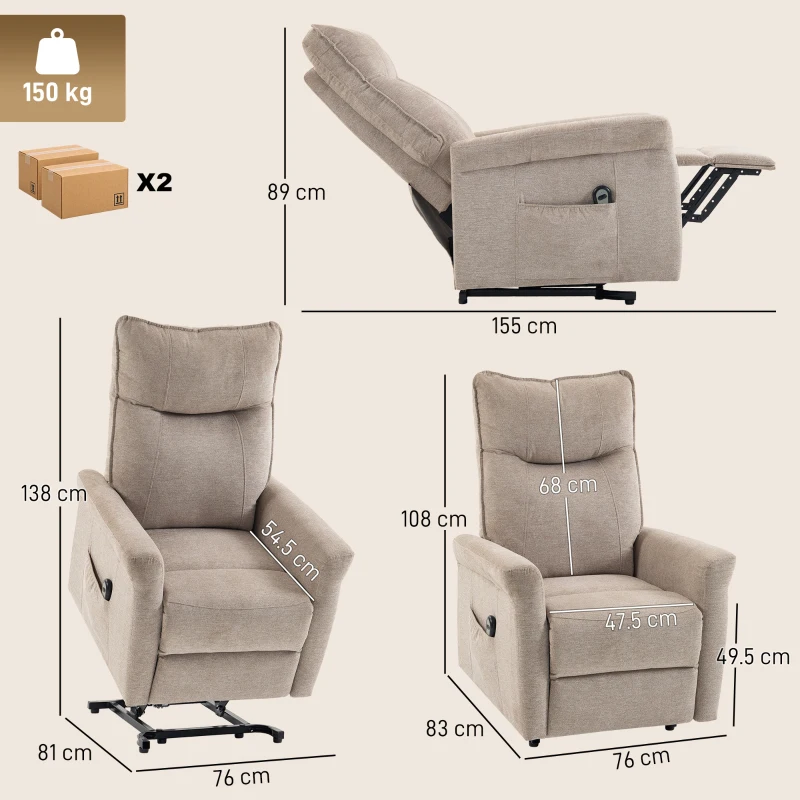 HOMCOM Poltrona Relax Reclinável Elétrica e Elevatória 155° em Chenille com Comando, Assento com Molas e Apoio para Pés, Castanho